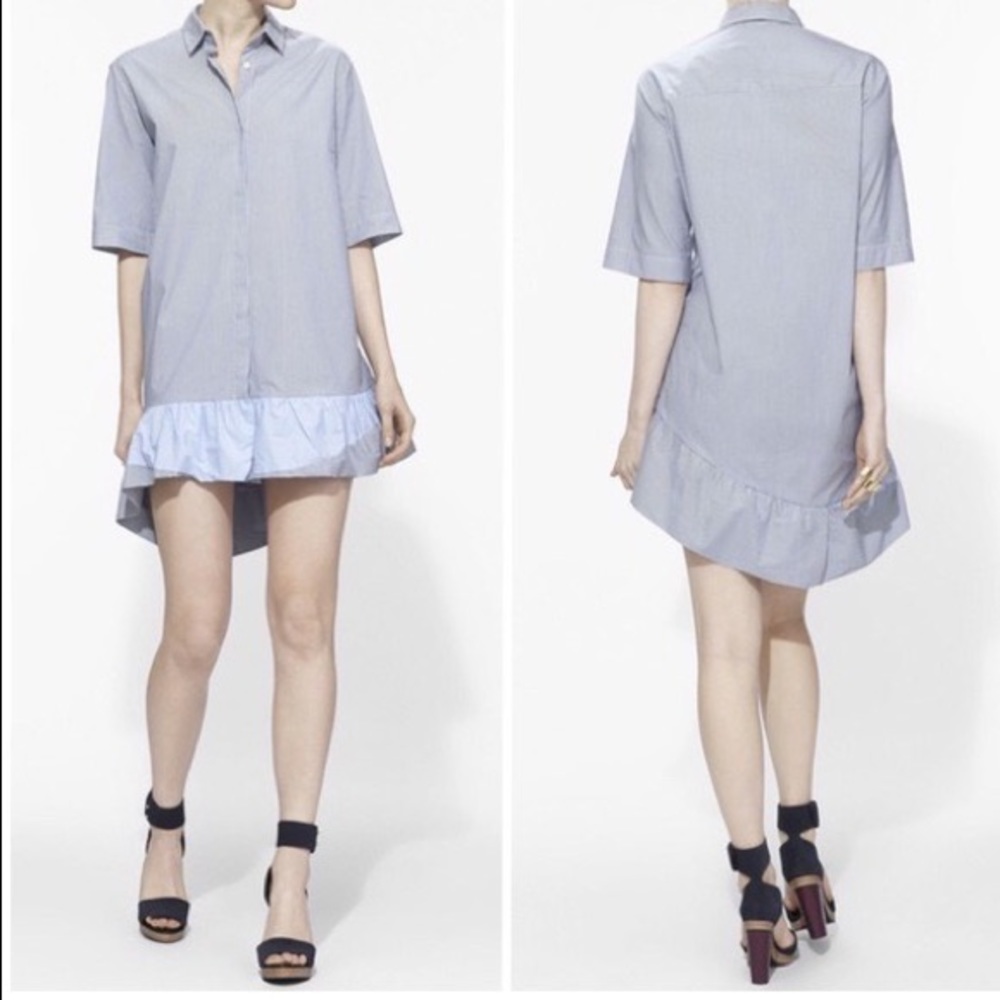 Thakoon striped ruffle shirt dress asymmetrical hem button front short sleeve